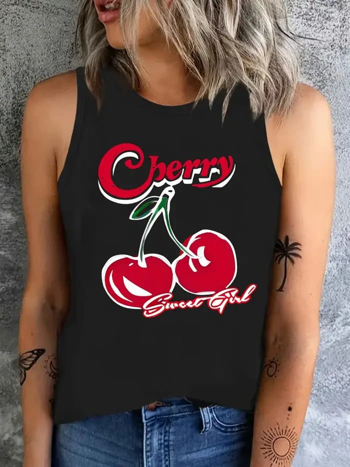 T-shirt imprimé cerise, débardeur imprimé graphique, sans manches, col rond, haut décontracté pour l