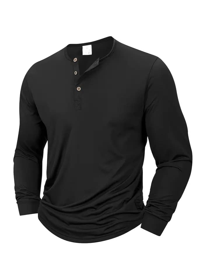 T-shirt à manches longues pour hommes, col Henley, bouton, couleur unie, T-Shirt de sport décontract