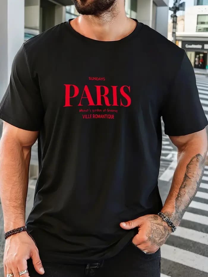 T-shirt imprimé 100 % coton pour hommes paris art pattern été décontracté surdimensionné col rond à manches courtes