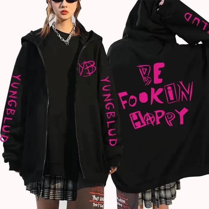 Sweat à capuche zippé Rock Singer Yungblud Be Fookin Happy pour homme et femme