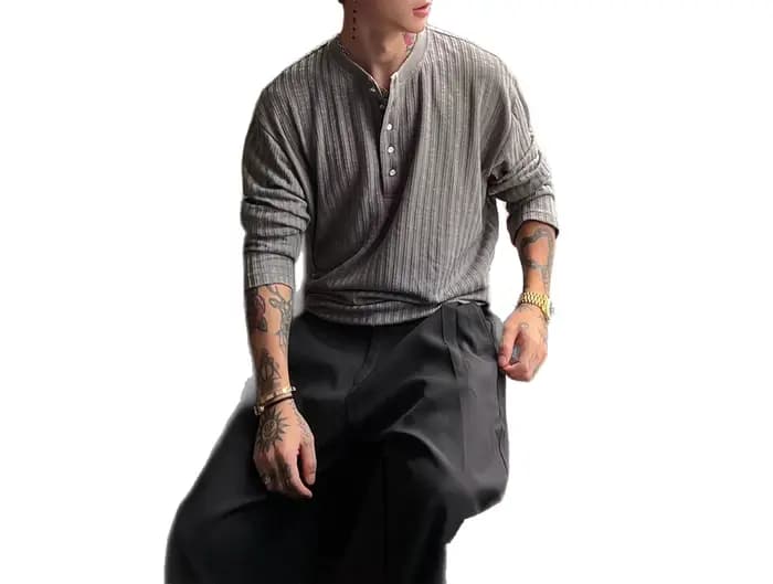 T-shirt à manches longues pour homme, rayé, coupe ample, décontracté, sous-vêtement de base pour l'automne