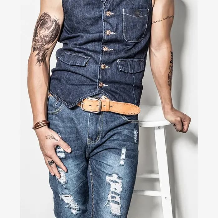MEDYLA-Jeans en cuir véritable souple pour hommes, ceinture de pantalon décontractée, environnement,