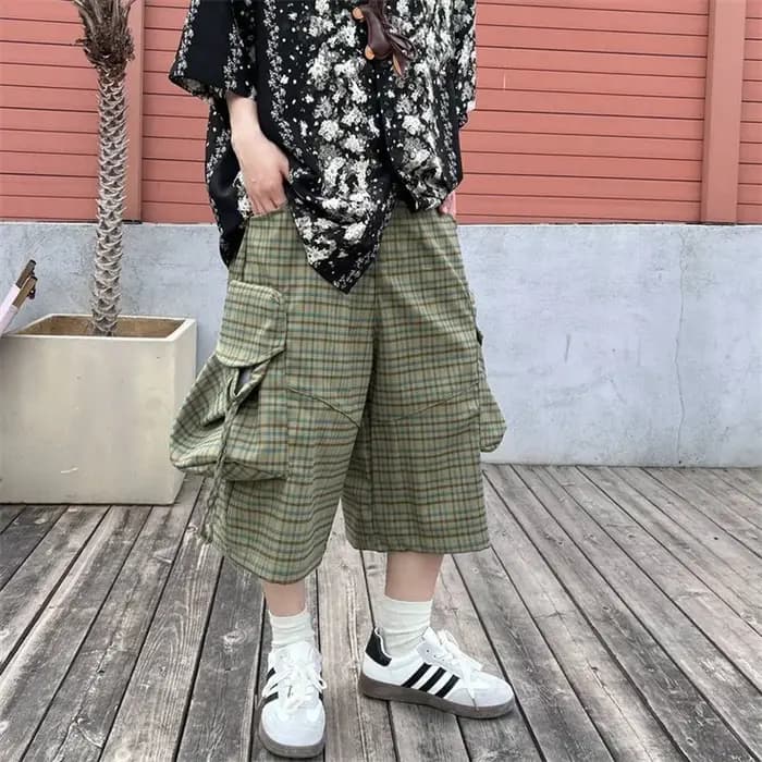 Street Plaid grande poche vêtements de travail pantacourt pour hommes femmes 2025 été nouveau Style américain ample marque à la mode pantalon à jambes larges