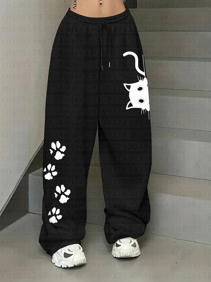 Pantalon de survêtement décontracté pour femmes et enfants avec un imprimé de chat amusant et une ta