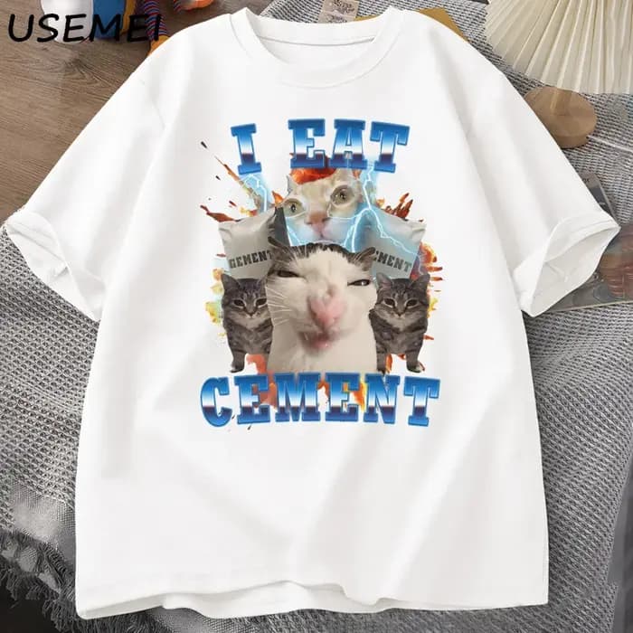 Je mange du ciment drôle chat Meme t-shirt coton à manches courtes stupides chats laides imprimé t-shirt décontracté col rond t-shirts graphiques t-shirts