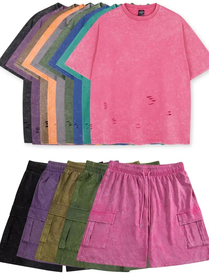 Ensemble t-shirt délavé de couleur unie, tendance, déchiré de rue, manches courtes, Short classique en coton multicolore, costume de sport ample, 2025