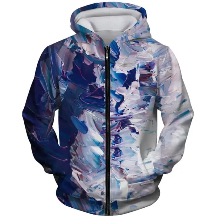 Sweat à capuche zippé d'art abstrait bleu violet vert motif aquarelle imprimé sweat-shirt streetwear