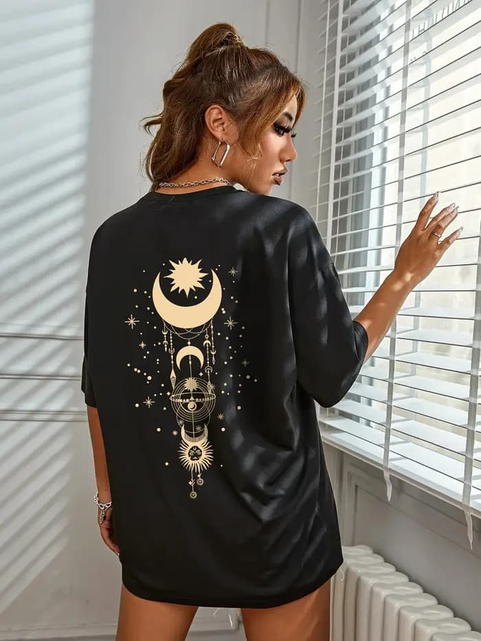 T-shirt décontracté noir à imprimé étoiles pour femmes
