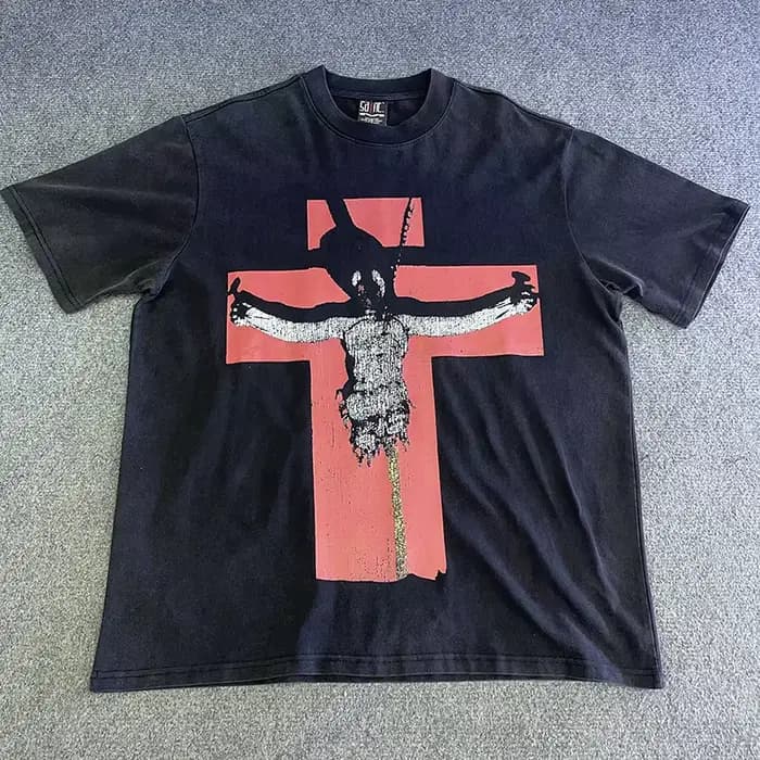 T-shirt vintage délavé noir vieilli SAINT pour homme et femme – Qualité supérieure