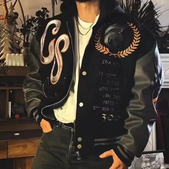 Veste de baseball streetwear pour homme avec manches en cuir PU et broderies, idéale pour le printem