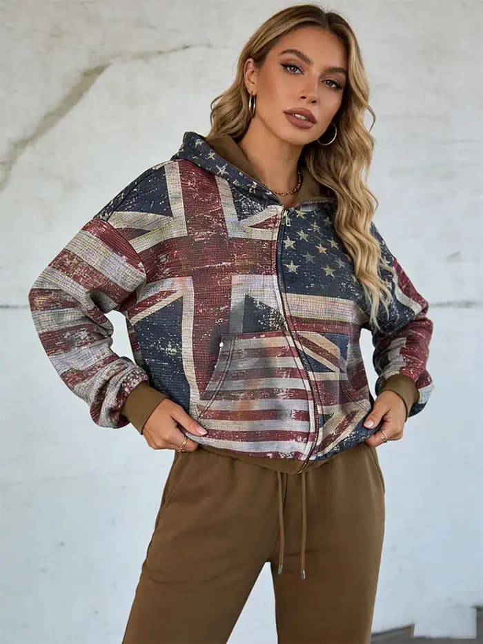 2026 Nouveau Femmes Zipper À Capuche Rétro Drapeau Imprimé