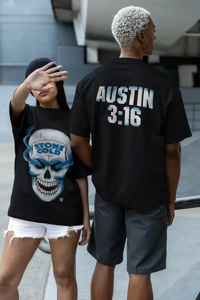 T-shirt Stone Cold Steve og Skull pour homme, 3 po, 16 po, devant et dos