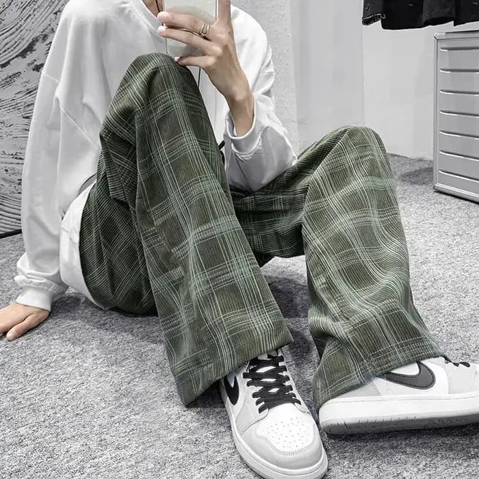 Printemps été velours côtelé Vintage Plaid pantalon hommes Streetwear jambe large Baggy