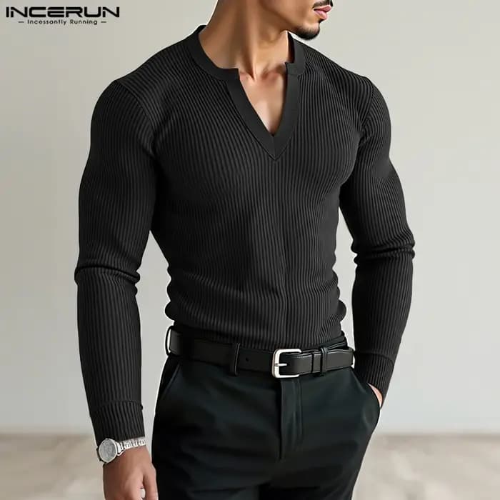 INCERUN hommes t-shirt couleur unie col en V à manches longues tricoté Streetwear mâle