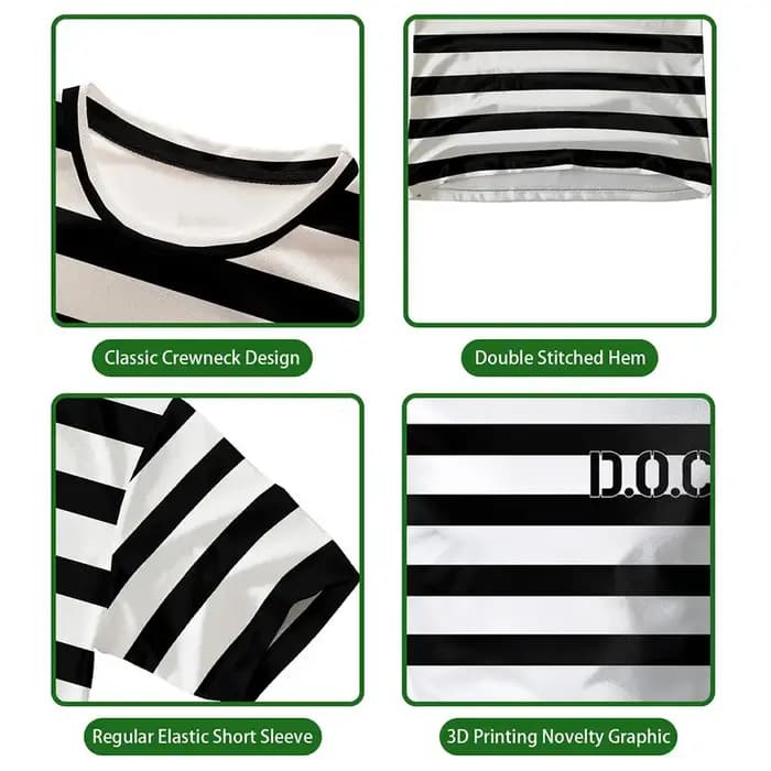 Abstract Prison uniforme style rayé imprimé T-shirt drôle jeu de rôle à manches courtes haut unisex humoristique personnalisé vêtements de rue