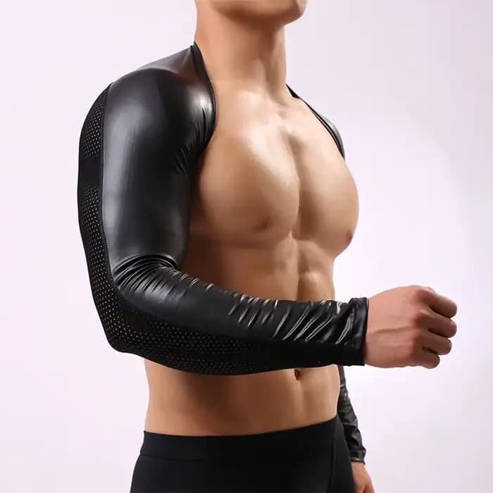 T-shirt à manches longues en similicuir noir uni pour hommes