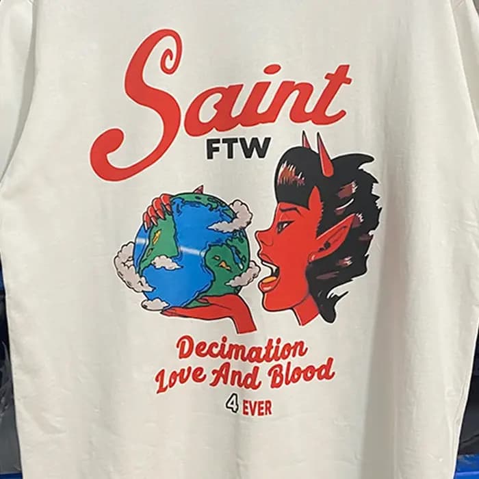 High Street Red Devil Letters Logo imprimé Saint T-Shirt haute qualité coton Vintage blanc