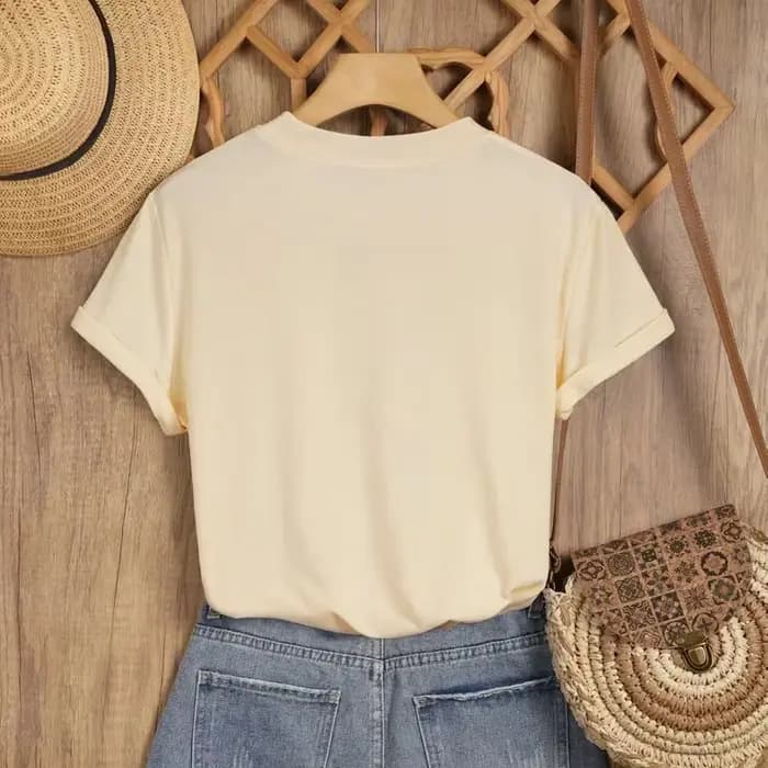 T-shirt à col rond pour femme avec motif floral minimaliste et imprimé de roses beiges et brunes