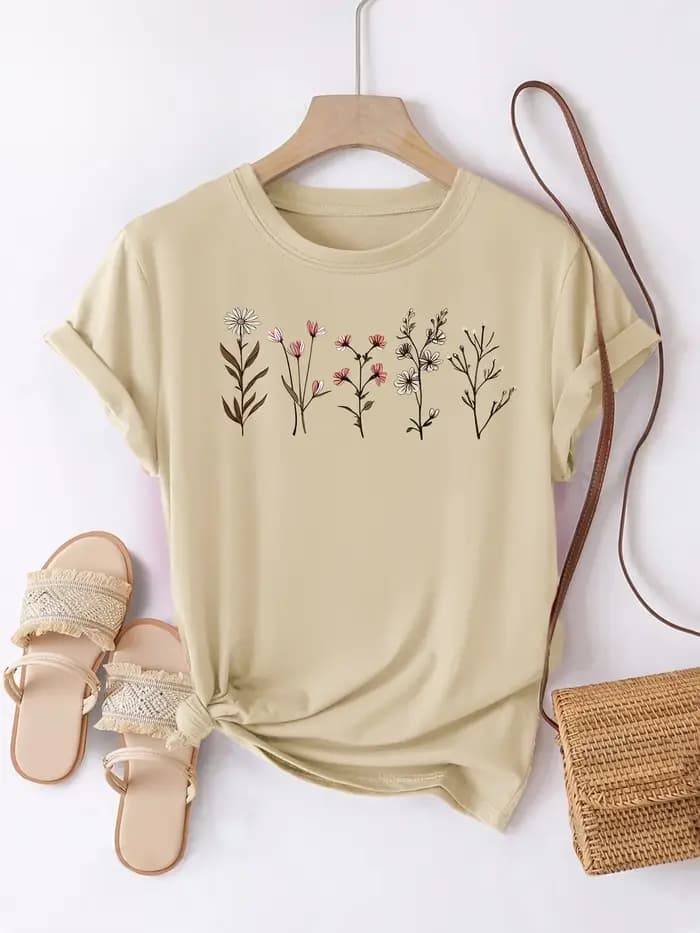 T-shirt pour femme à col rond avec imprimé de cinq petits arbres