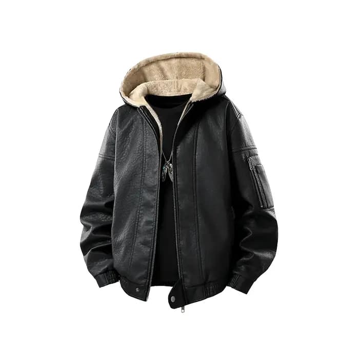 Veste en cuir à capuche décontractée pour hommes