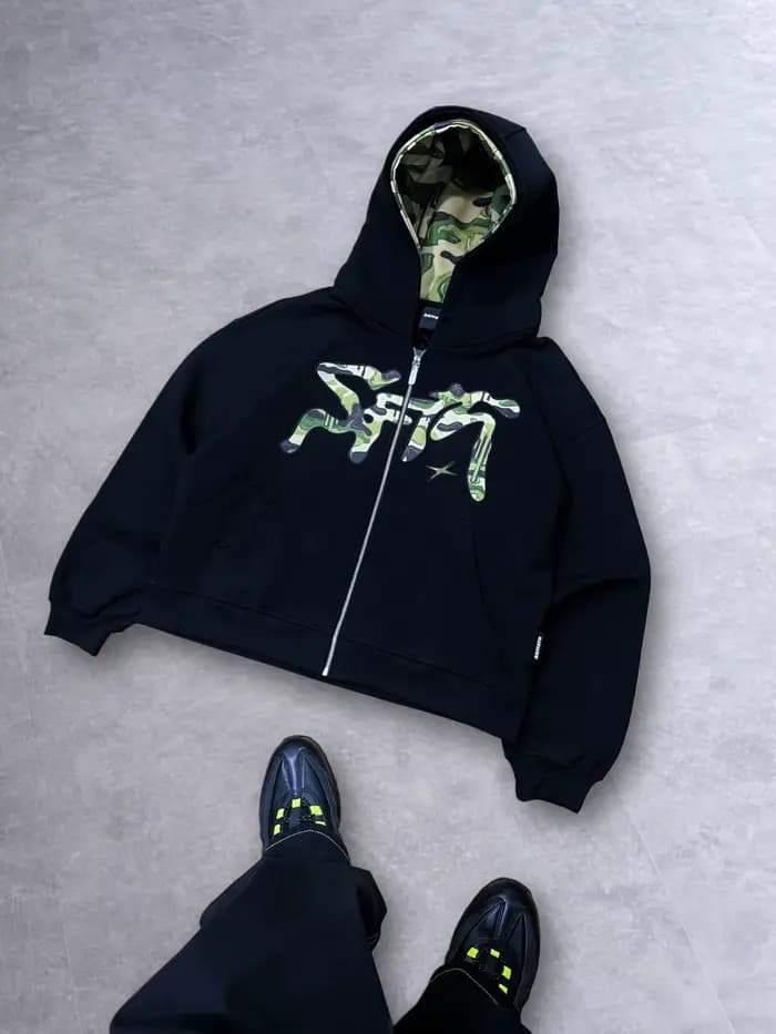 Sweat à capuche zippé imprimé camouflage obsidienne Y2K rétro, coupe ample double couche, style Hara