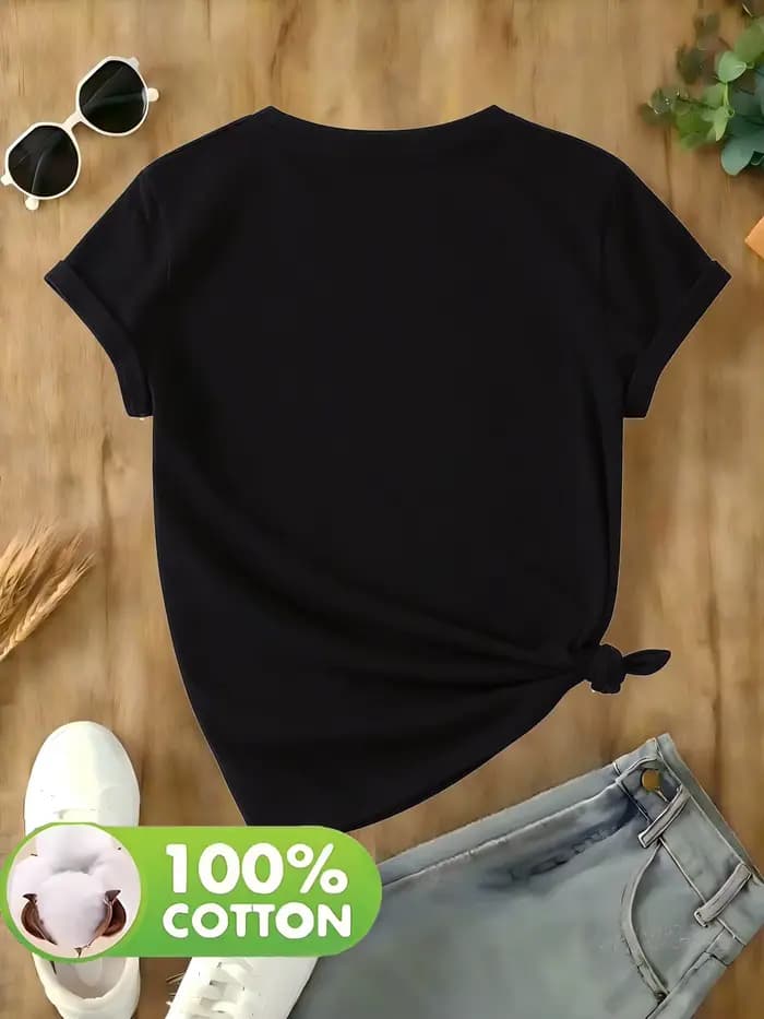 T-shirt à col rond imprimé de couleur unie pour femme