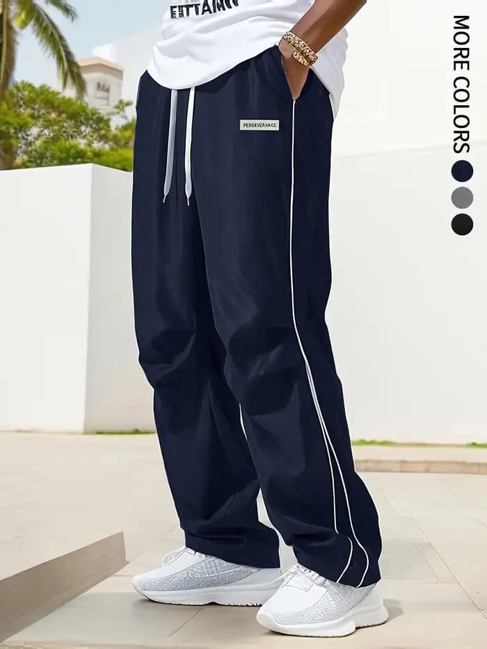 Pantalon droit de sport uni régulier pour hommes avec cordons et ceinture élastique