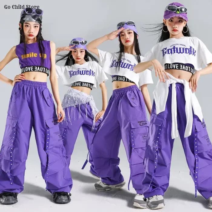 Hip Hop filles doux haut court violet Cargo pantalon enfants K-pop fille groupe rue danse vêtements ensembles