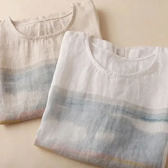 Blanc cravate colorant Art impression coton lin col rond manches courtes T-Shirt femmes Blouse chemise mode coréenne femme vêtements hauts