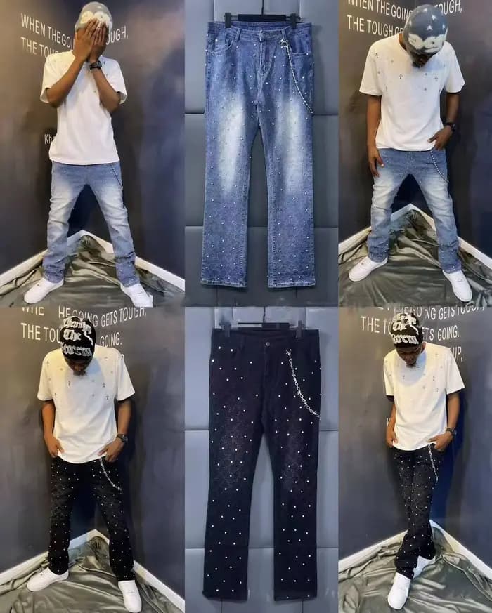 2025 nouveaux hommes jean mode droite Stretch perle Denim laminé pantalon