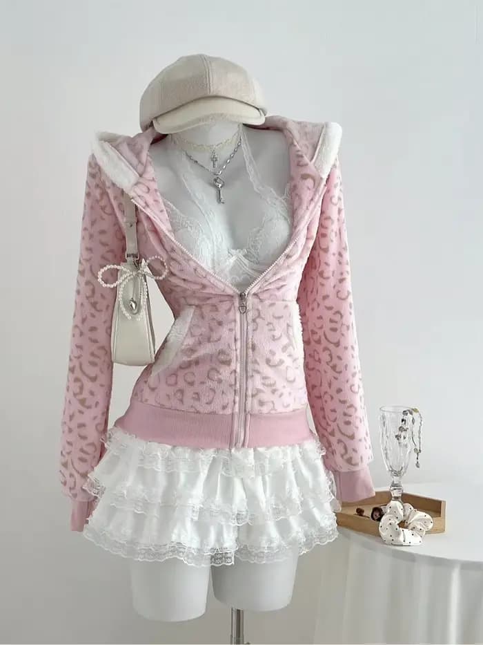 Sweat-shirts pour femmes Zip-up Grunge Gyaru à capuche gothique Top Mignon rose léopard pinte