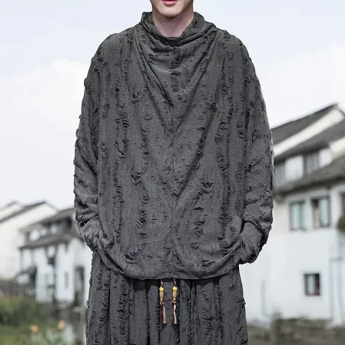 T-shirt à manches longues en coton déchiré pour hommes