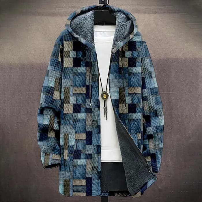 Manteau à capuche à carreaux pour hommes doublé polaire bleu gris veste d'hiver chaude géométrique urbain Streetwear mode saisonnier tendance vêtements d'extérieur