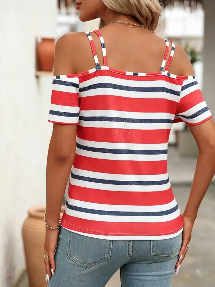 T-shirt rayé à épaules dénudées - Haut décontracté à col halter pour l'été