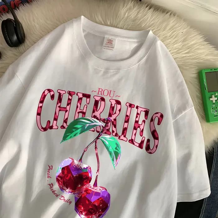 ROU cerises t-shirt femmes violet cristal imprime surdimensionné coton T-Shirts décontracté col rond manches courtes hauts été femme vêtements