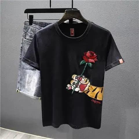 Nouveau T-shirt pour homme à manches courtes brodé de roses