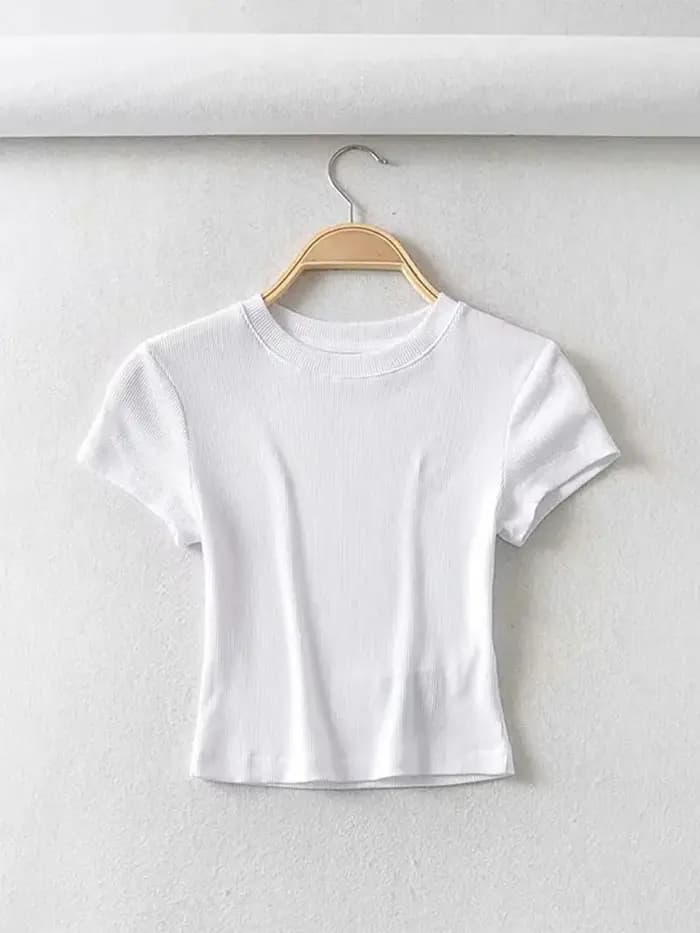 Été Sexy femmes col rond à manches courtes T-shirt mince élastique maigre culture hauts