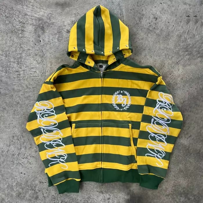 Sweat-shirt à capuche zippé rayé jaune et vert pour homme, style streetwear américain rétro, style s