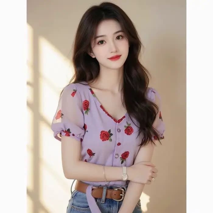 Chemise à manches courtes et col en v pour femmes