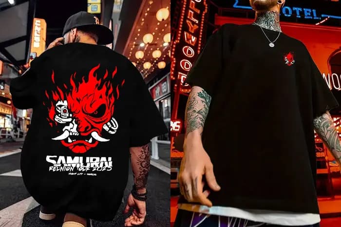 T-shirt pour homme à motif samouraï japonais - Noir avec imprimé flamme rouge au dos