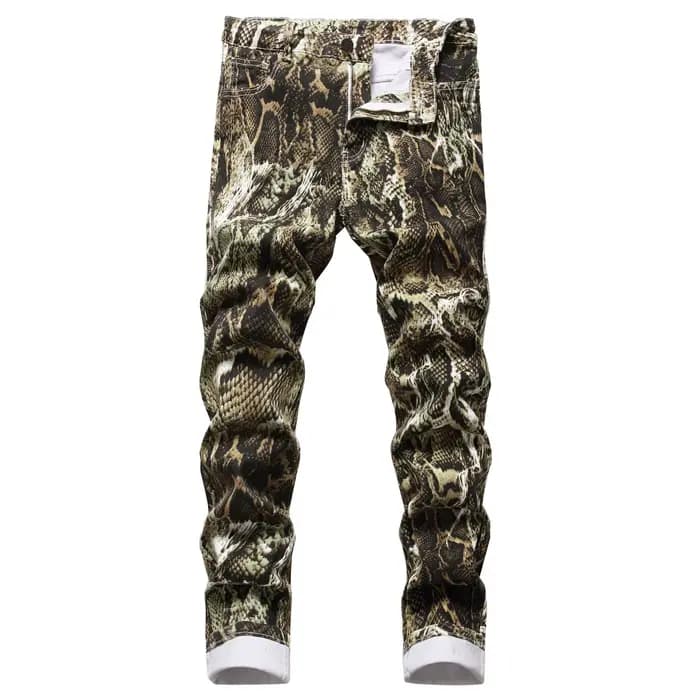 Jean pour hommes Hip Hop imprimé peau de serpent crayon pantalon coupe ajustée couleur Stretch taille moyenne lavé