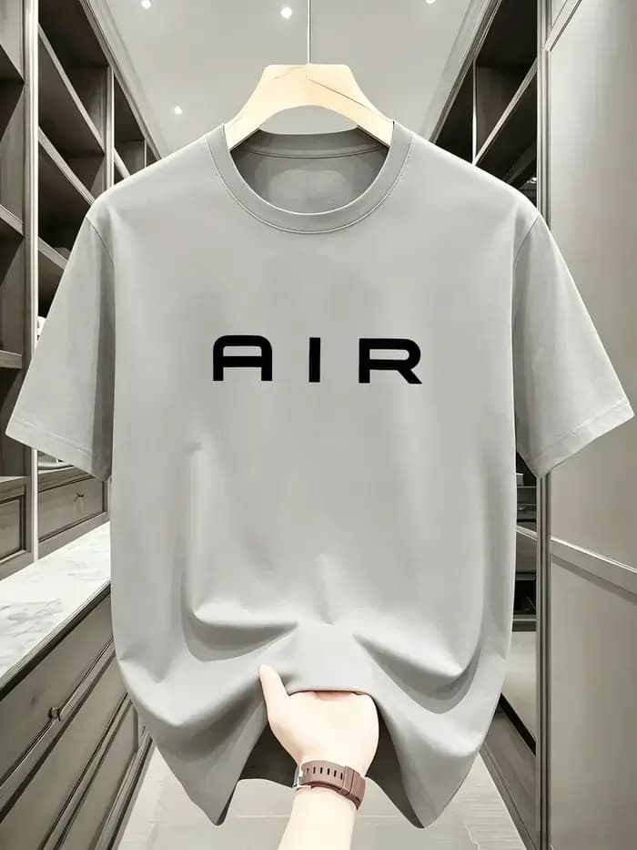 T-shirt bleu marine pour homme - Tissu extensible doux, coupe ample, col rond, manches courtes avec inscription AIR en lettres épaisses, léger pour l'été