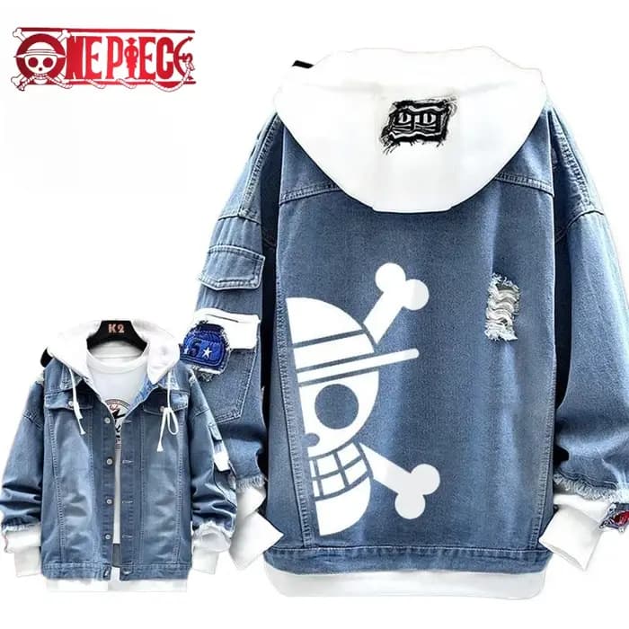 Une pièce dessin animé Denim veste personnalité créative garçons filles Couples printemps et automne à capuche faux