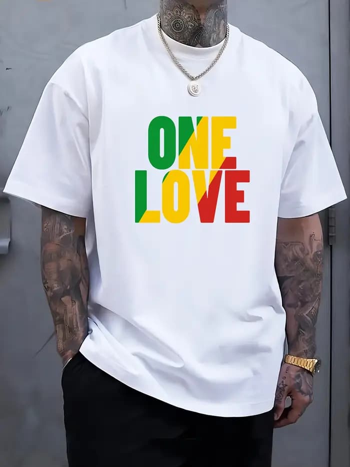 T-shirt décontracté pour homme en coton 100% à manches courtes, coupe ample, imprimé lettres ONE LOVE, thème Rasta, style jamaïcain