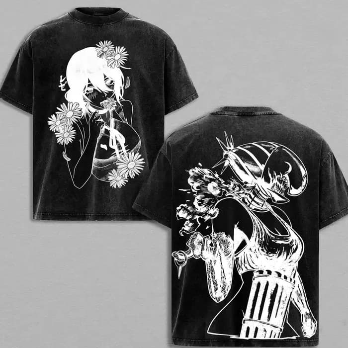 T-shirt Anime Chainsaw Man Reze Vintage Gothique Délavé Oversize Homme Femme Vêtements Manches Courtes Coton Hauts