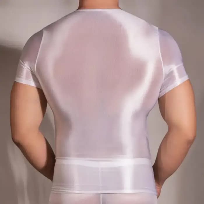 PerconsiderMen-T-shirt à manches courtes pour homme, haut à surface brillante transparente, coupe couvertes, mince, haute élasticité, col rond