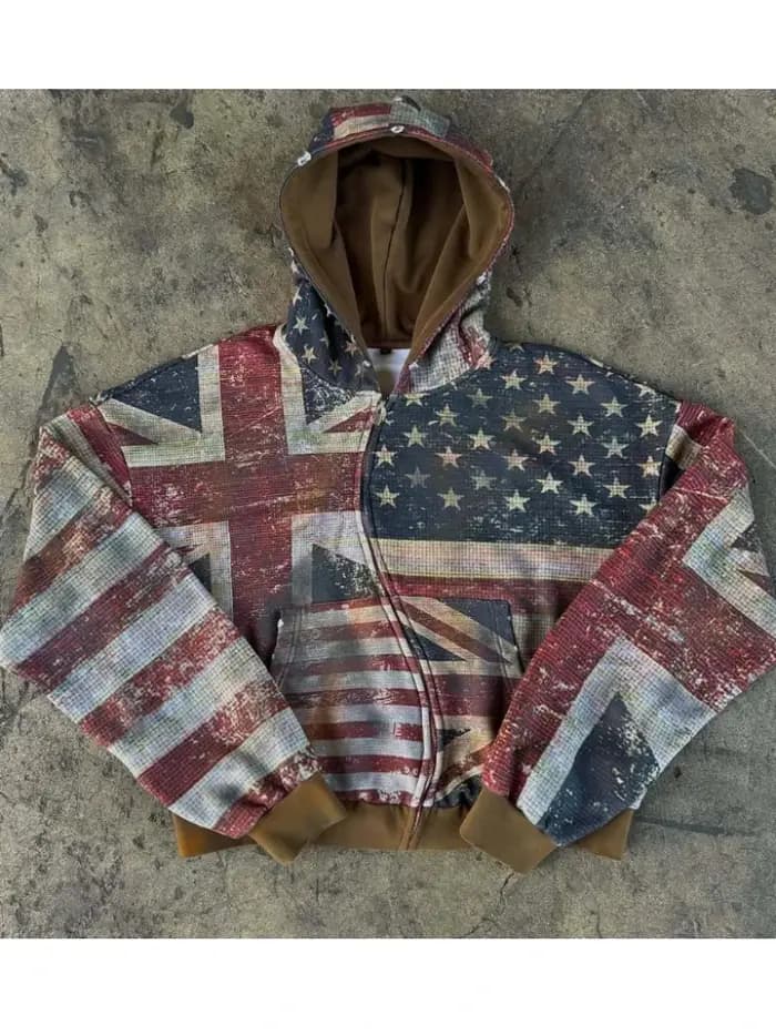 2026 Nouveau Femmes Zipper À Capuche Rétro Drapeau Imprimé