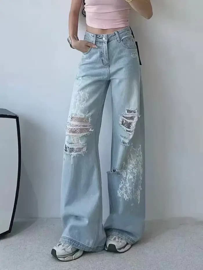 2025 Ropa Y2K mode lavé bleu Baggy dentelle empilé déchiré jean pantalon pour femmes vêtements droit doux décontracté