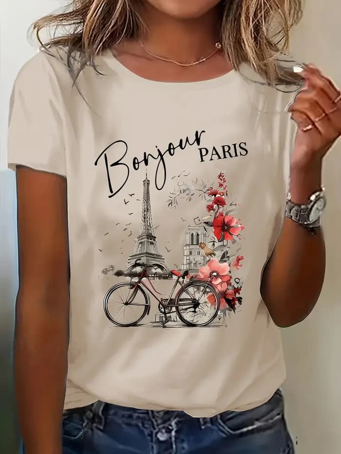 T-shirt pour femme Bonjour Paris - Motif Tour Eiffel et vélo, imprimé floral chic à la française pou