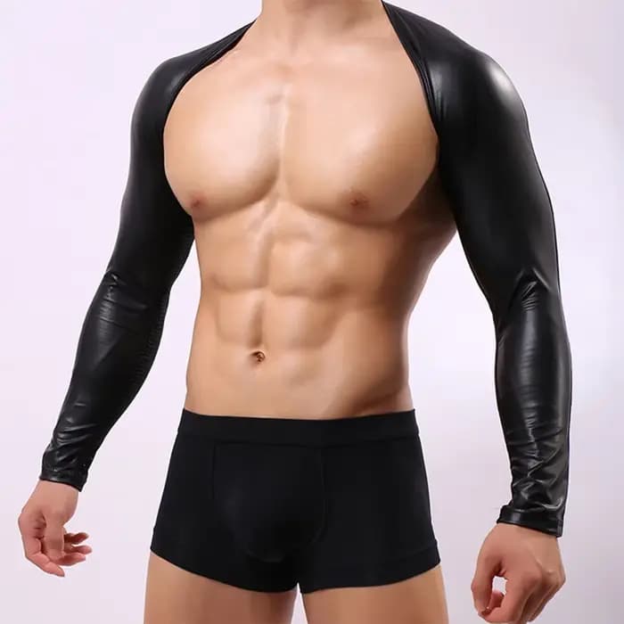 T-shirt à manches longues en similicuir noir uni pour hommes, t-shirt serré, t-shirts de lutte, vête